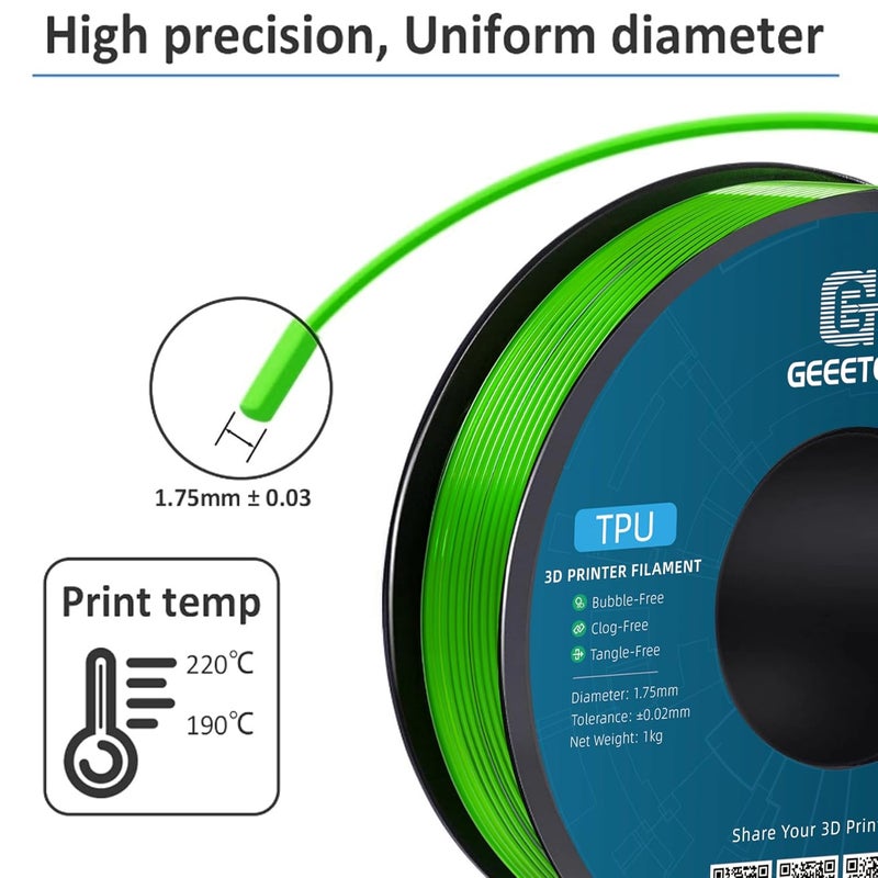 Geeetech TPU Filament 1.75mm, 95A Flexible 3D Printer Filament with High Elasticity, 1KG (2.2lbs) Spool, Dimensional Accuracy ±0.03mm, Fits Most FDM Printers (Clear Green) - Image 2